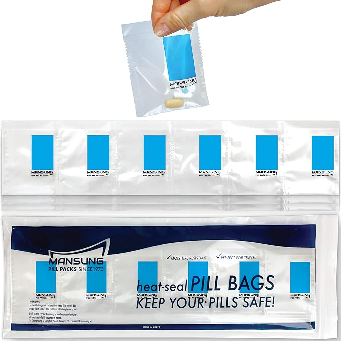 Mansung M 600 Bags/Blue, Heat Seal Pill Bags, Suite, Sorter Organizer for Medication, Food Safe, BPA Free Heat Seal Bag pouche Pack Organizer Dispenser kit Daily Blister Packs Use with Tray, AM PM