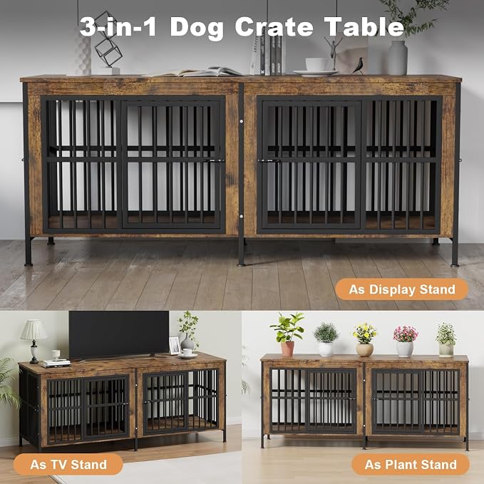 78" Double Dog Crate Furniture for Medium/Large Dogs, Brown | Thick wood, heavy-duty steel, 4-door escape-proof locks, waterproof scratch-resistant, extra-large, stylish, easy assembly