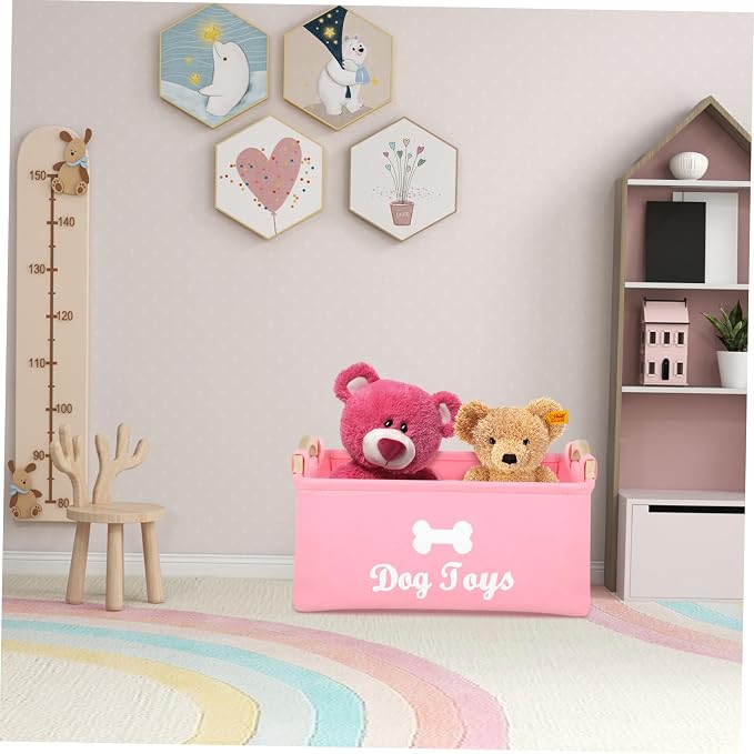 Zerodeko Pink Felt Dog Storage Bin with Handle Large Sundries Organizer for Pet Food Clothes Spacious Pet Holder Box to Keep Accessories Neat and Portable