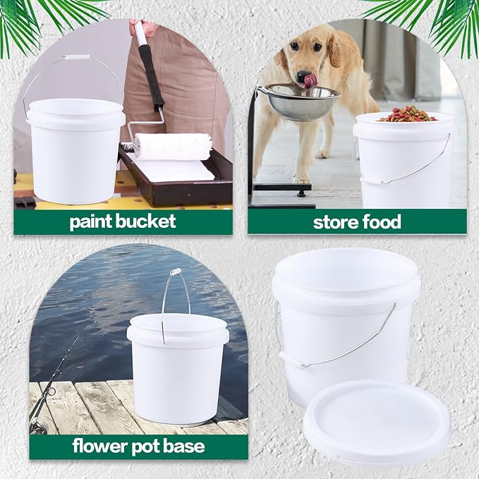 4 Gallon Food Grade Bucket with Lid, 4 Pack Bucket Pails | Round White All-Purpose Pails for Storage, Prep, Fermenting, Cleaning, Durable Reusable Containers with Handle
