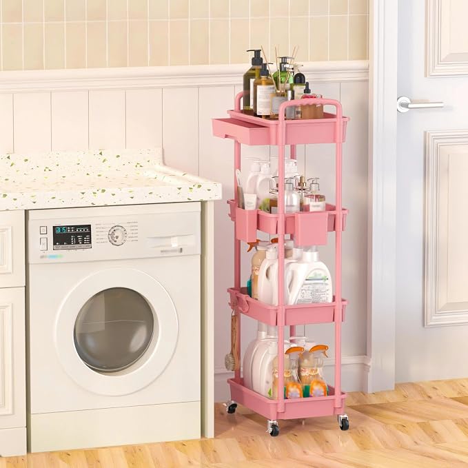 4 Tier Rolling Utility Cart with Drawer, Plastic Storage Organizer Rolling Carts with Wheels Handles Hanging Cups Hooks for Office, Bathroom, Kitchen,Craft Art Room (Pink)