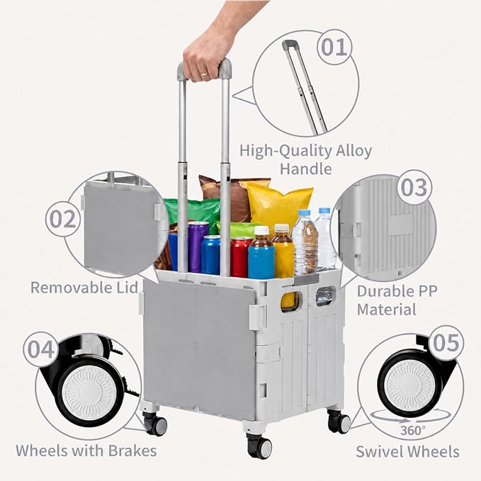 Foldable Shopping Cart with Wheels: Gray Rolling Utility Crate | Adjustable Handle, All-Terrain Wheels, Multipurpose Grocery Trolley for Teacher, Market, Office, Luggage, Laundry, Garden