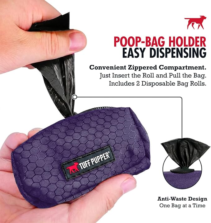 Tuff Pupper Dog Poop Bag Holder | Works with Any Dog Leash | Zippered Waste Bag Dispenser | Waterproof with Rust-Proof Clip | Convenient Lightweight Design | Includes 2 Rolls of Leak-Proof Bags