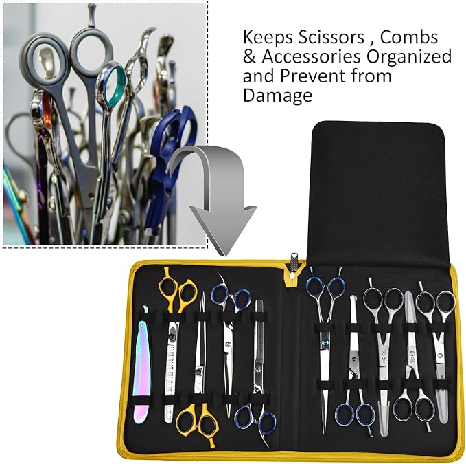 Leather Shear Cases for Hairstylist Holds 10 Grooming or Beauty Shears, Shear Holder (YELLOW)