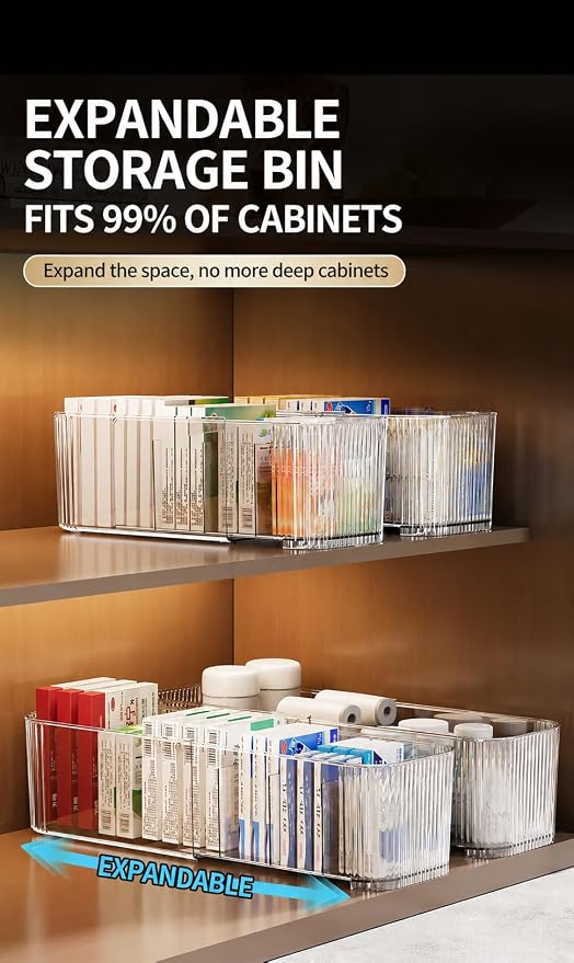 2-Pack Clear Expandable Drawer Organizer Bins, Fluted Plastic Pantry Storage and Organization Bins for Deep Kitchen Cupboard, Fridge, Bathroom, Sauce Packet Holder