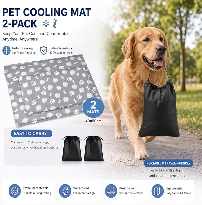 RattanView 2 Pcs Dog Cooling Mat for Cats 16"x20" Waterproof Self Cooling Pet Pad Portable Mat for Crate Kennel Car Sofa Bed Floor Summer Indoor Outdoor Travel with 2 Pcs Travel Bags