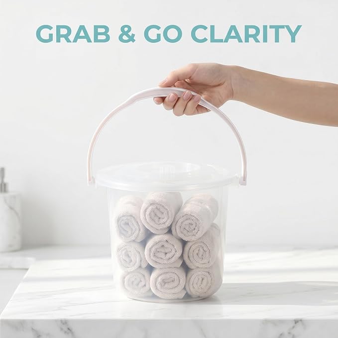 Clear Plastic Storage Bucket with Handle and Secure Lid Portable Transparent Pail for Pantry Dry Goods Craft Supplies Camping Gear Organizer and Laundry Utility