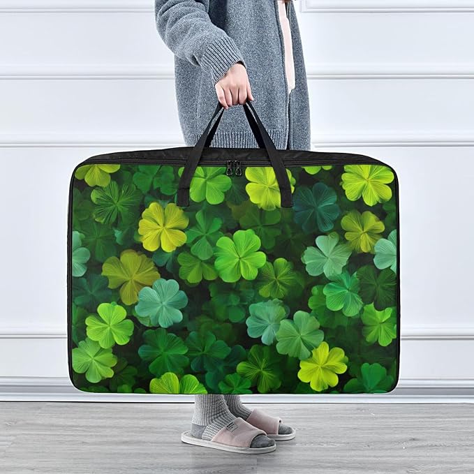 Comforter Storage Bags Large Folding Blanket Organizer Bag with Strong Handles Clear Window Closet Storage Containers for Clothes King Queen Pillows Bedding Quilt Duvet St Patrick Clovers Green
