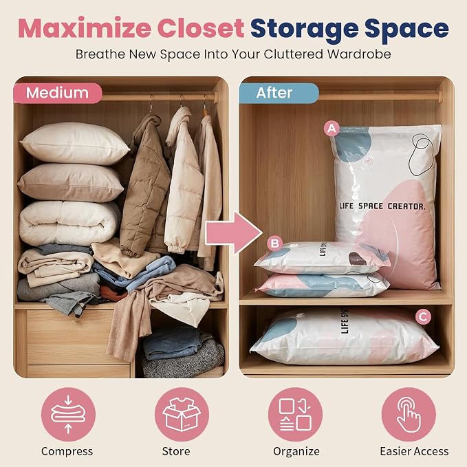 5PCS No Pump Vacuum Storage Bags, No Pump Large Vacuum Storage Compression Bags, Thick Airtight Reusable Organizer for Clothes Comforters Travel Moving Closet Storage (M)