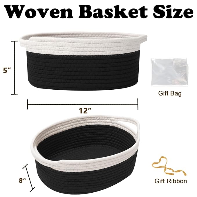 Woven Rope Basket - Baby Gift Basket with Bag & Ribbon, White&Black | Cotton rope with handle, 12 x 8 x 5 in, gift bag and ribbon, for baby shower, birthday, toy storage, nursery, shelf decor