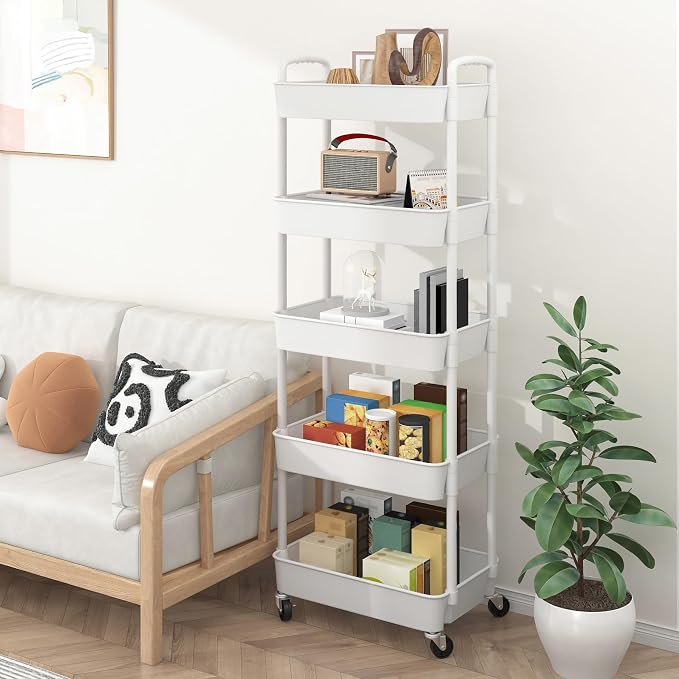 Sywhitta 5-Tier Plastic Rolling Utility Cart with Wheels for Storage,White | Multi-Functional Storage Trolley, for Office, Living Room, Kitchen, Bathroom,Movable Organizer,Space-Saving,Easy to assemble