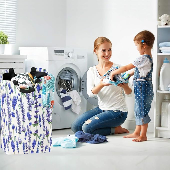 visesunny Collapsible Laundry Basket Purple Lavender Flower Large Laundry Hamper with Handle Toys and Clothing Organization for Bathroom, Bedroom, Home, Dorm, Travel