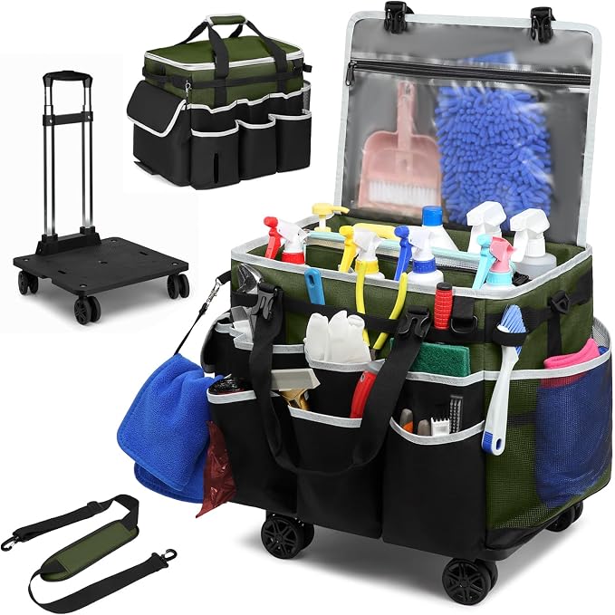 Large Rolling Cleaning Caddy Bag with Detachable Trolley, Full Support Plates for Professional Cleaning Supplies Bag, Organizer Bag with 4 Universal Wheels for Housekeepers, Car Wash (Green)