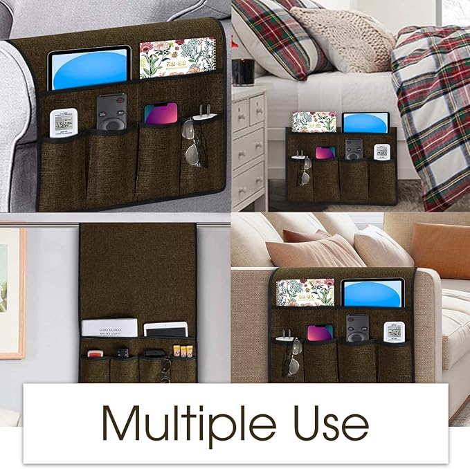 Joywell Tv Controller Holder for Couch Armchair Caddy Recliner Armrest Organizer Non Slip Sofa Arm Chair Caddie with 6 Pocket Storage for Magazine, Tablet, Phone, iPad, Dark Chocolate