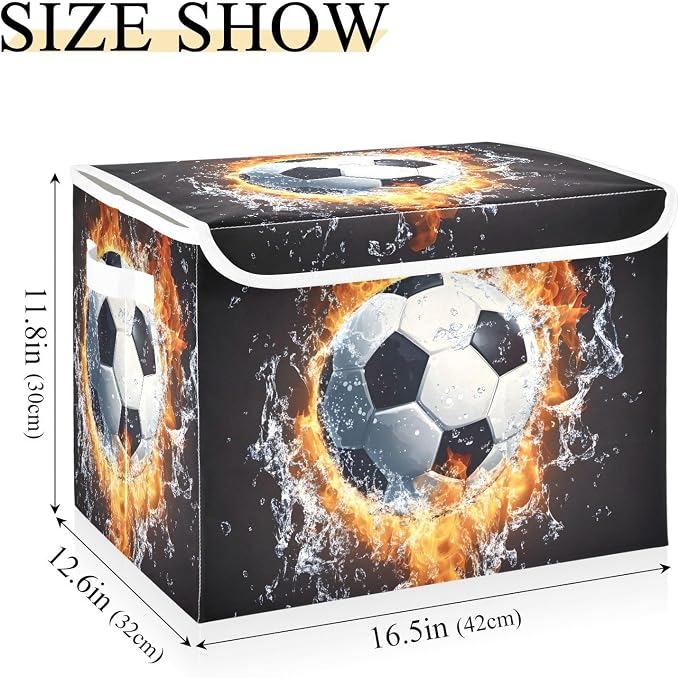 Soccer Fire Storage Bins with Lid Foldable Storage Boxes 40L Baskets | Decorative Storage Boxes, Dust-Proof Flip Top, Reinforced Handles, For Home & Bedroom, Clothes & Toy Box, Oxford Fabric Print