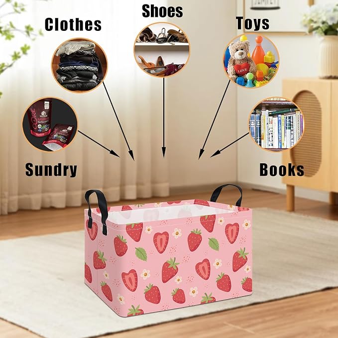 Rectangular Collapsible Storage Basket Toy Organizer Flower Strawberry | Storage Bin Foldable Canvas with Handles for Organizing Home Kitchen Children Toys Office Closet Shelf Baskets