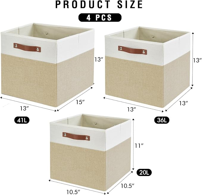 13x15x13 Storage Cube Bins, Foldable Storage Organizer Baskets, Fabric Cube Storage Boxes with 2 Reinforced PU Handles for Kallax, Shelves, Living Room | 4 Pack, Beige & White