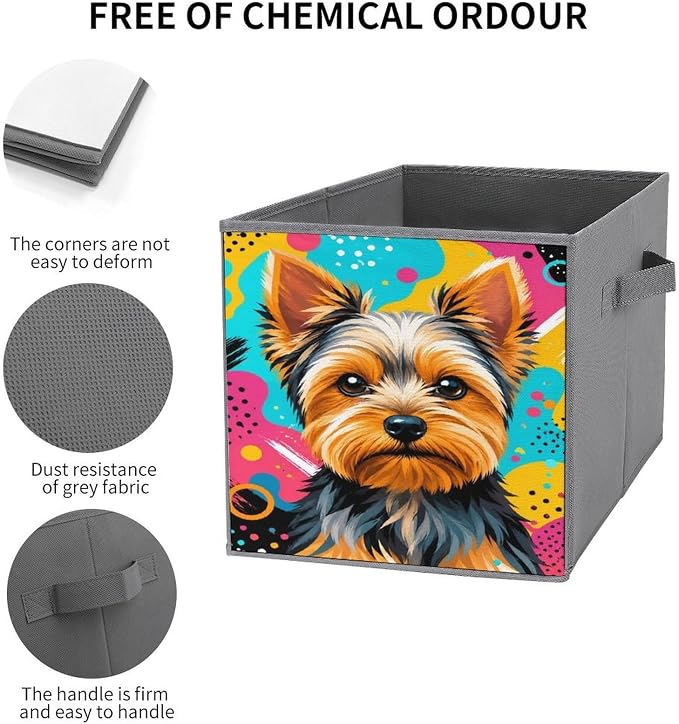 Yorkie Dog Art Storage Bin with Handles, Oxford Fabric Foldable Storage Cube Organizer for Clothes, Towels, Bedroom, Living Room, Home Organization