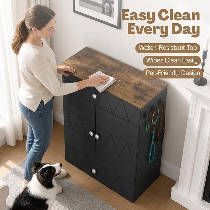 Dog Feeding Station with Storage Cabinet, Hidden Pull-Out Elevated Dog Bowls, Stainless Steel Feeding Drawer, Adjustable Shelves & Hooks, Modern Pet Food Storage Organizer for Dogs (Black)