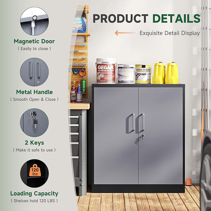 Metal Storage Cabinets with Lock Door and Shelves, Steel Garage Tool Cabinets for Home,Office, Warehouse,Lockers (36“-Black&Gray)