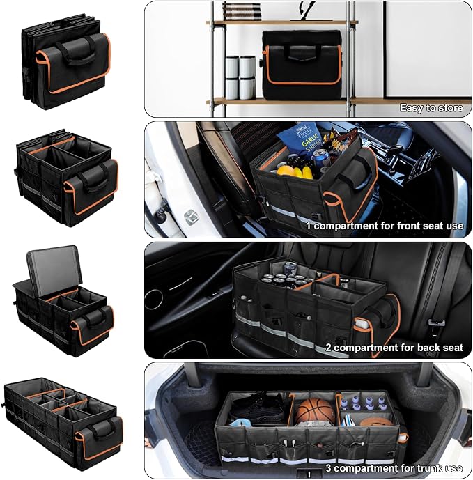 Car Trunk Organizer and Storage with Lid & Removable Leakproof Cooler Bag, Car Accessories 6 Removable Dividers for Custom Space, Collapsible Large Trunk Organizers Interior for SUV Sendan with Cover | Collapsible Trunk Organizers with Lid & Removable ...