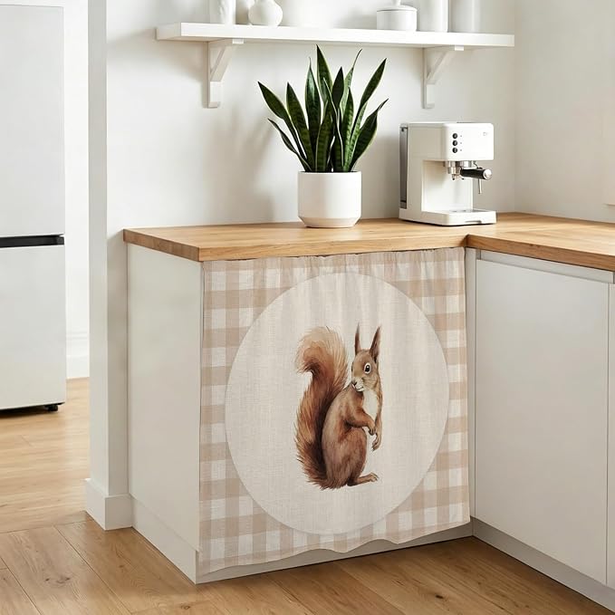 Squirrel Plaid Cabinet Dishwasher Hidden Curtains, Privacy Closet Door Curtain, Rustic Farmhouse Checkered Retro Animal Adhesive Dust Proof Under Sink Skirt for Bathroom Kitchen 35"x35"