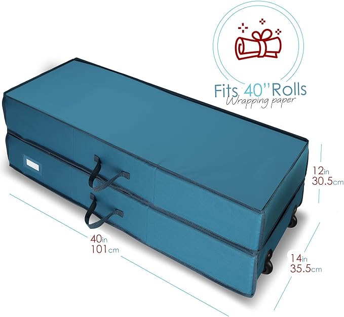 Hearth & Harbor Wrapping Paper Storage Container with Ribbon Dispenser and Interior Pockets - Large Christmas Storage Containers with Wheels, Fits 30 Rolls of 40" Length, Blue