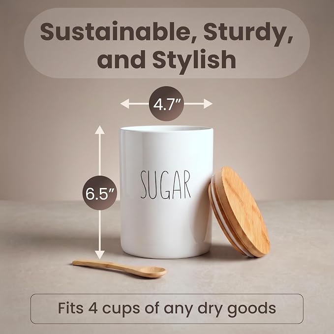 Arthausen Sugar Ceramic Storage 4 Cup / 1080mL Container w/Bamboo Lid Silicone Seal & Spoon, Modern Abstract Art Design for Flour Coffee Spice Airtight Storage on Kitchen Counter Bathroom Organizer