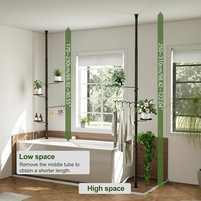 BAOYOUNI 4 Tier Plant Stand Pole Tension Rod Adjustable Flower Display Rack | Spring Loaded Indoor Floral Hanger Storage Shelf with 3 Trays & 1 Wave Hook, Black - Space Saving Vertical Garden Organizer