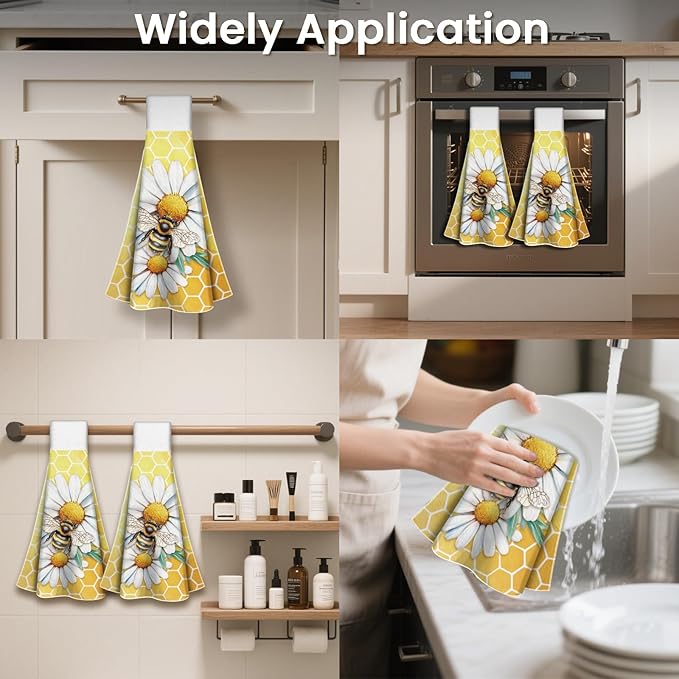 CUTHOLLOW Bee and Daisy Hanging Kitchen Towels with Loop, Set of 2 - Soft & Super Absorbent Microfiber Decorative Hanging Dish & Hand Towel, Tea, Coffee Towel for Kitchen Bathroom Oven Handle