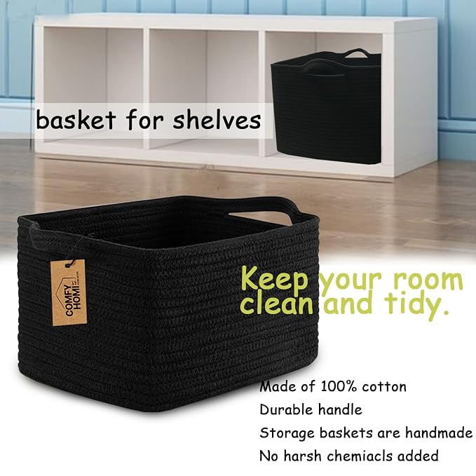 COMFY-HOMI 3PACK Cotton Rope Square Basket with Handles for Shelves| Storage|Baby Basket for GIF|Shoe Basket for Organizing|New13.5" x 11" x 9.5" for Living Room