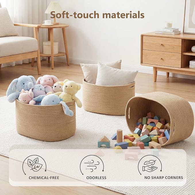 ECDYQXVU 15x10x9 Inch Woven Cotton Rope Storage Basket, 3 Pack | Foldable Design, Built-in Handles, Space-saving Organizer for Living Room, Bedroom, Laundry, Shelves, Clothes, Towels