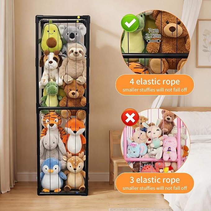 Stuffed Animal Storage, Storage Organizer with Elastic Band, Thicken PVC Tube Large Stuffed Animals Holder for Nursery Playroom Bedroom Room Furniture Plush Storage-Black