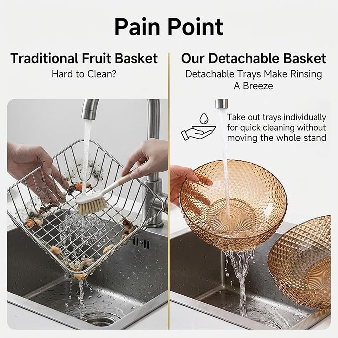 2 Tier Metal Fruit Basket Stand with Clear PET Bowl Trays, Ready to Use Countertop Vegetable Bread Storage Display Organizer Holder for Kitchen