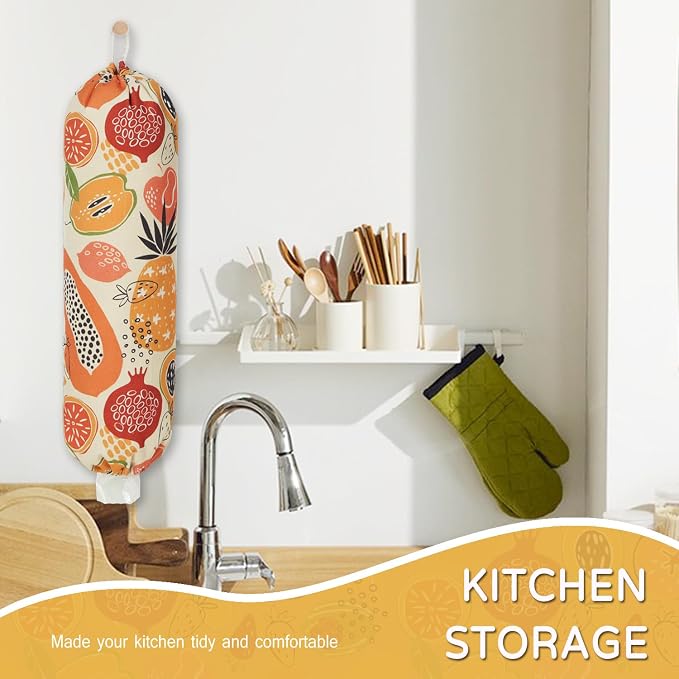 Plastic Bag Holder, Reusable Grocery Bag Holder for Plastic Bags Groceries Store, Flower Canvas Trash Plastic Bag Organizer Storage Holders for Home Kitchen Pantry Decor (Colorful Fruits)