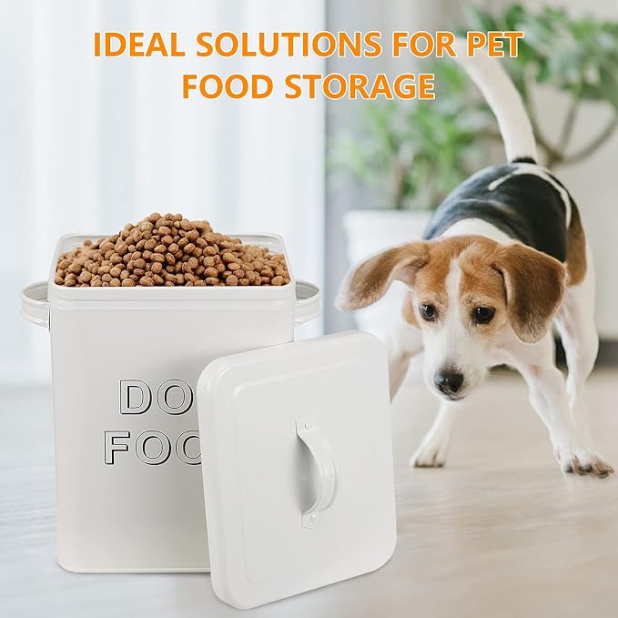Morezi Metal Dog Food Storage Container Airtight Pet Food Treat Bin 6 lbs | Vintage Durable Canister Dog Treats Tin with Lid& Scoop for Kitchen Countertop, Shelf, Great Gift for Pet Owners(White)