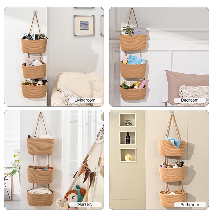 ICERZCZ Hanging Baskets for Organizing, Over the Door Decorative Storage Organizer, Nursery Decor Organization, 3-Tier Wall Basket for Entryway Playroom Bathroom Closet, Khaki