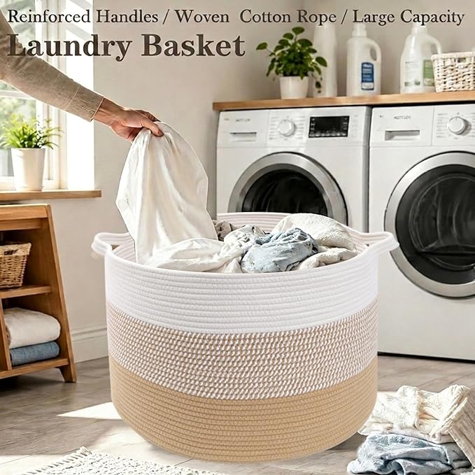 90L Large Blanket Basket,Rope Woven Laundry Basket-Yellow | Collapsible, reinforced handles, nursery storage bin organizes clothes, toys and pillows for living room, bedroom bathroom
