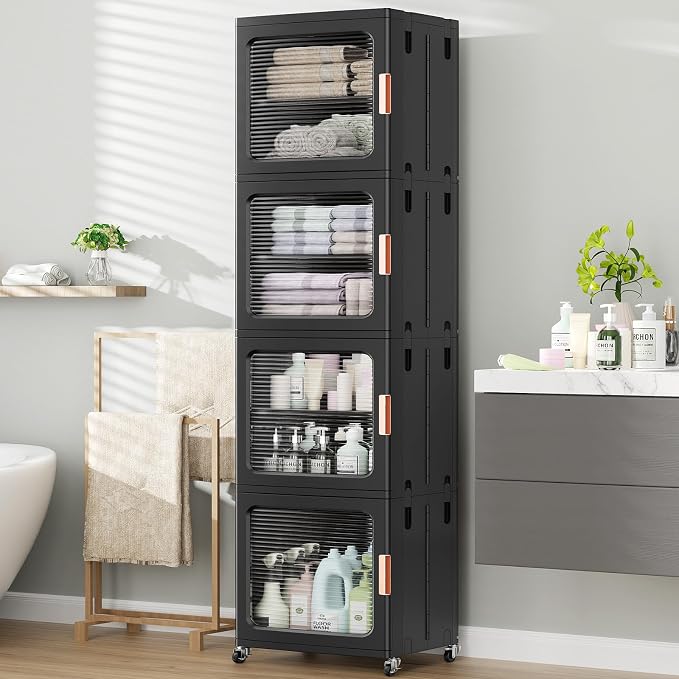 BROVIEW 4-Tier Tall Narrow Storage Cabinet 14.6” Wide, Slim Bathroom Cabinets with Adjustable Shelves and Doors, Plastic Kitchen Pantry Organizers and Storages for Small Space, Laundry, Black