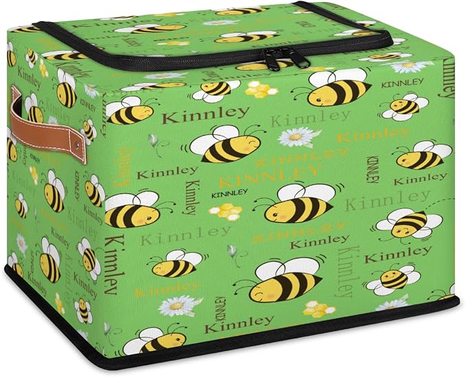 Personalized Foldable Storage Basket with Name, Cartoon Bee with Daisy Floral Spring Green Zipper Lid Laundy Hamper Dirty Clothes Toys Storage Bin with Handles for Shelf Home Closet