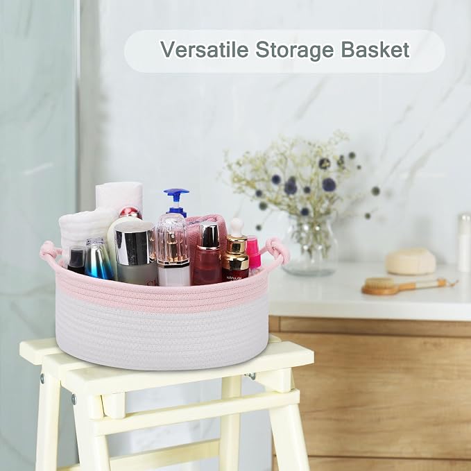 COMSE Small Gift Basket Empty with Bag & Ribbons, Light Pink & White | Cotton Rope, 12"x 8"x 5", Pet Toy Storage Organizer, Woven Basket for Birthdays, Baby Showers, Mother’s Day, Valentine’s Day