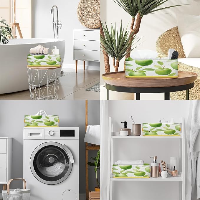 Green Apples Pattern Bathroom Storage Basket Waterproof Foldable Storage Bins with Handles Decorative Toilet Paper Storage Basket for Organizing for House Bathroom Toiletries