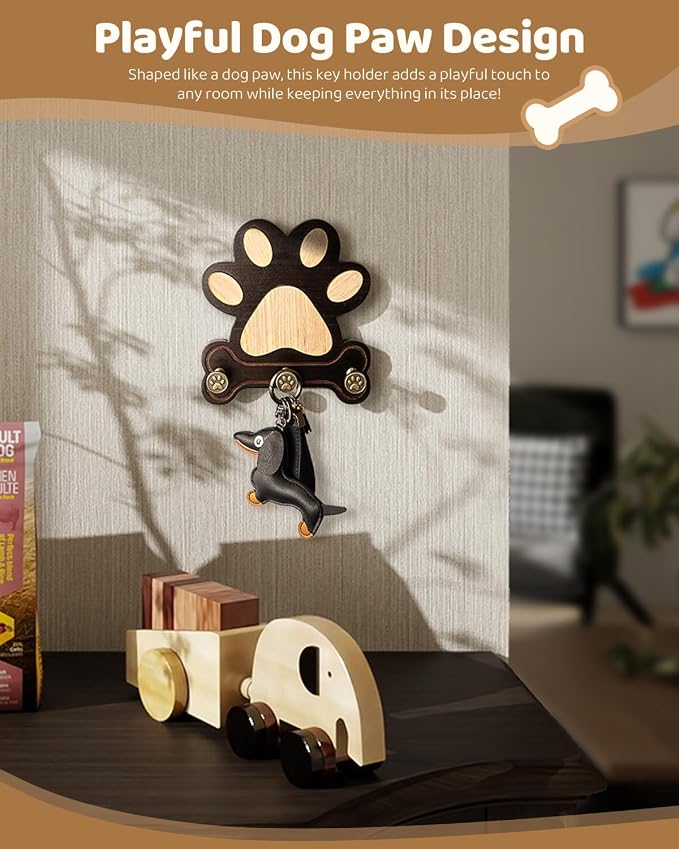 MTERSN Pine Wood Dog Leash Holder for Wall with 3 Hooks, Dark Brown