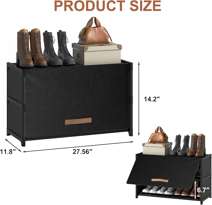 3 Tier Shoe Cabinet with Door, 12-Pair Storage, Black | Compact for Small Closets, Holds Heels, Sneakers, Boots, Door for Dust Pet Protection, Quick Easy Set Up