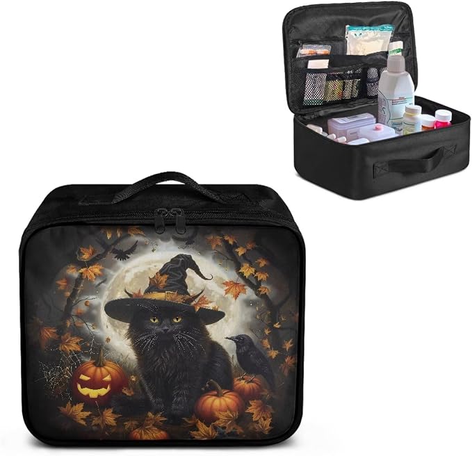 Halloween Witch Cat First Aid Case Empty Veterinary Medic Bag for Animal Clinics and Pet Owners Includes Secure Zipper Compartments