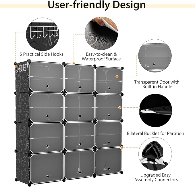 GOFLAME Portable Shoe Rack Organizer, 48 Pairs Expandable Modular Shoe Storage Cabinet with Doors, Adjustable Panels, 8-Tier DIY Shoe Shelves for Closet, Hallway, Entryway, Easy Assembly, Black
