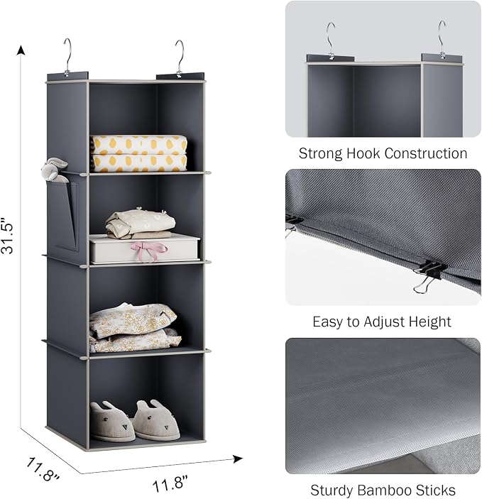 YOUDENOVA Hanging Closet Organizer and Storage for Clothes, 4-Shelf, Grey | Locker/RV/Camper Organizer, Side Pocket, Hanging Shelves for Small Closet, Dorm Room Essentials for Guys, Breathable Fabric