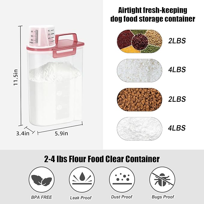 LEAWALK Airtight 4LBS Rice/Cereal/Dry Food Storage Container BPA Free, 2.11Qt Clear Plastic Kitchen and Pantry Organization Bin Suitable for Oats, Flour, Sugar, Pasta, Pet Food, etc (Clear Pink)