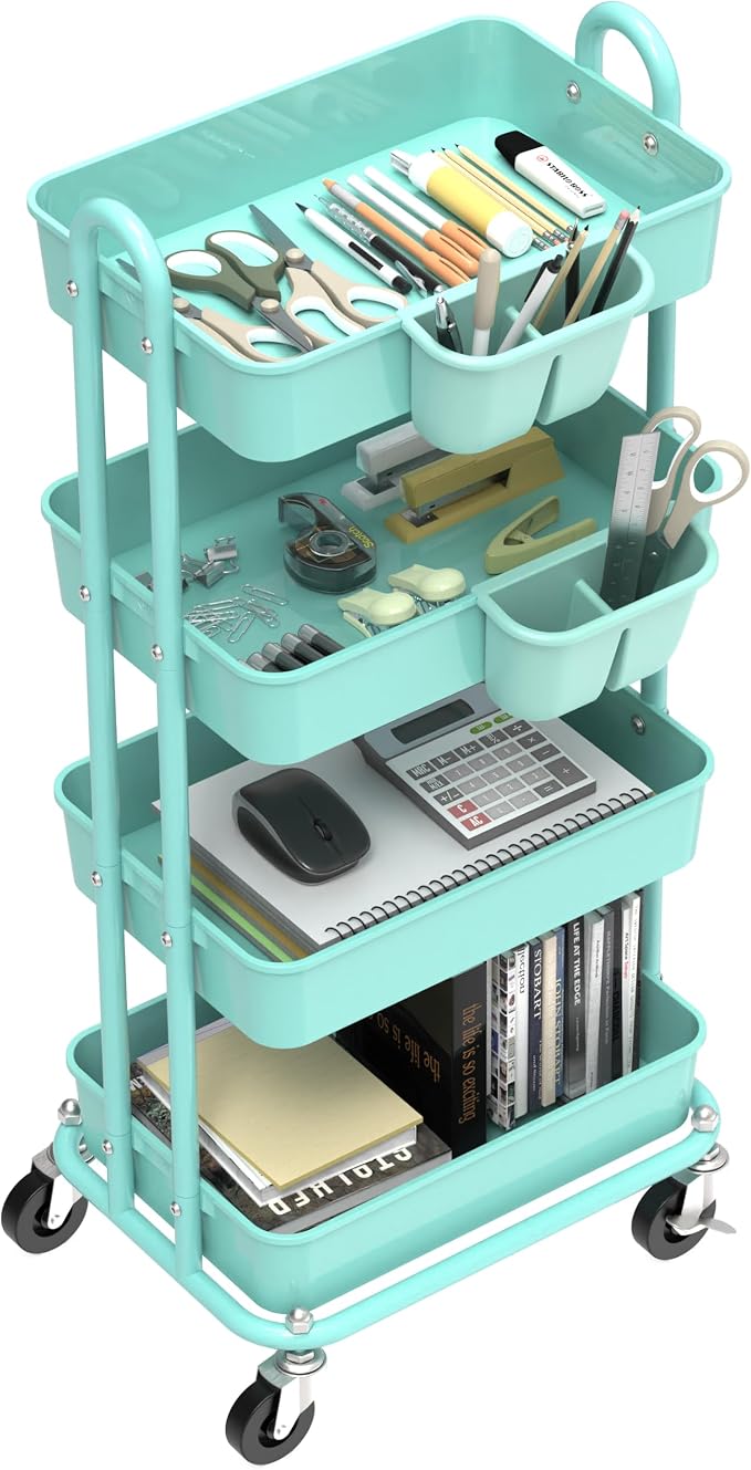 Simple Houseware 4-Tier Rolling Utility Cart with Hanging Bucket, Turquoise | Storage for Bathroom, Kitchen, Office, Study Room, Nursery Diaper