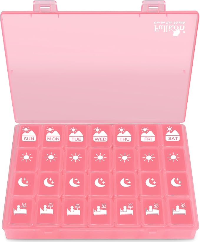 Fullicon Large Pill Organizer 4 Times a Day, 7 Day Pill Box, Pink | Each Compartment Holds 12 Fish Oils or 13 Vitamins, Clear Daily Icons, Durable Printing, Easy Open, Secure Snap Lids
